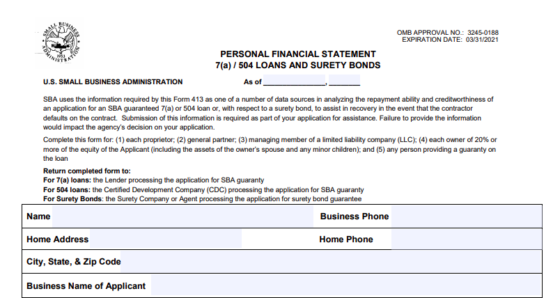 SBA Form 413 basic informatino