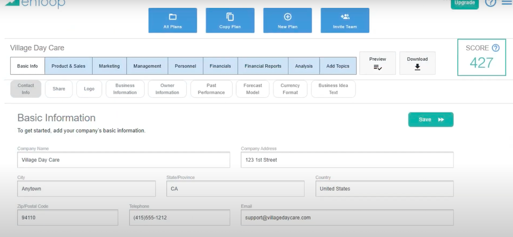 business plan software, enloop example