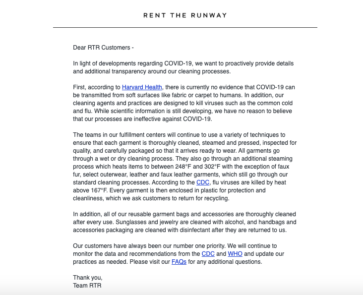 rent the runway's email response to coronavirus