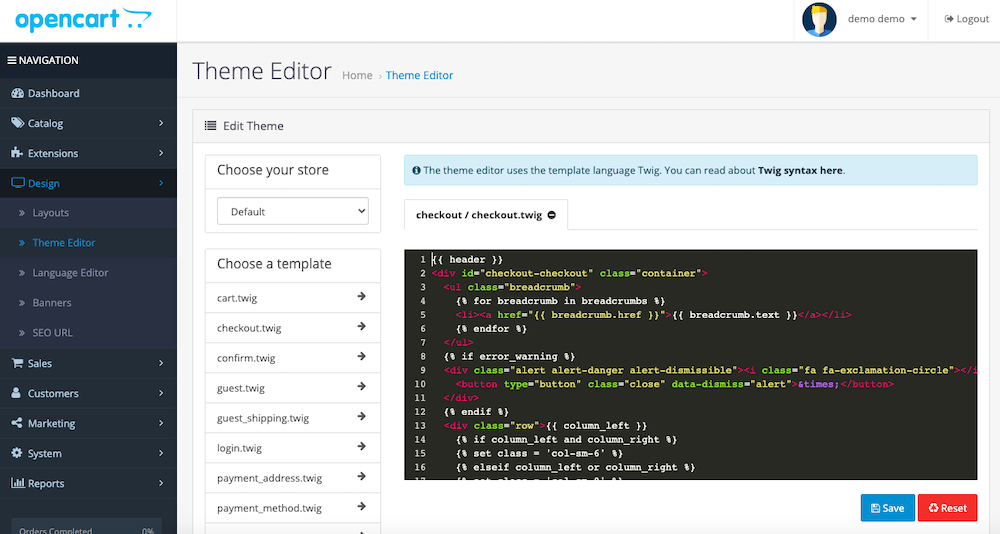 OpenCart vs. Shopify, OpenCart theme editor example